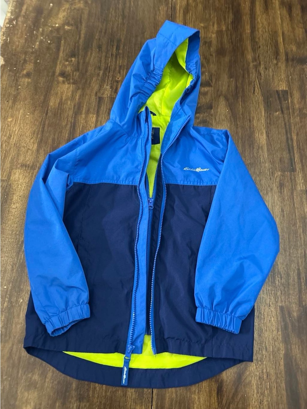 Eddie Bauer Colorblock Blue & Navy Hooded Rain Jacket with Lime Liner